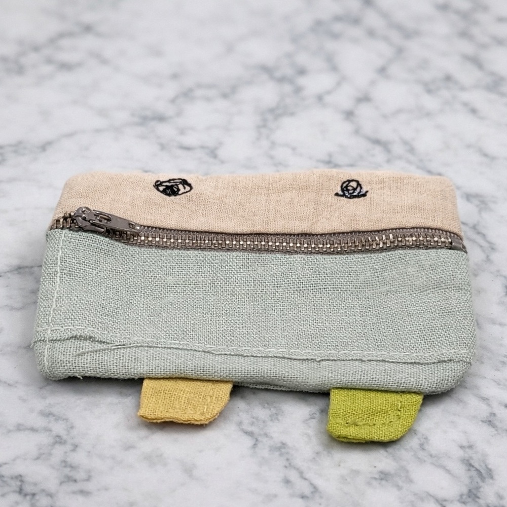Anthropologie Coin Purse Linen Small Zip Pouch Green Yellow NWOT